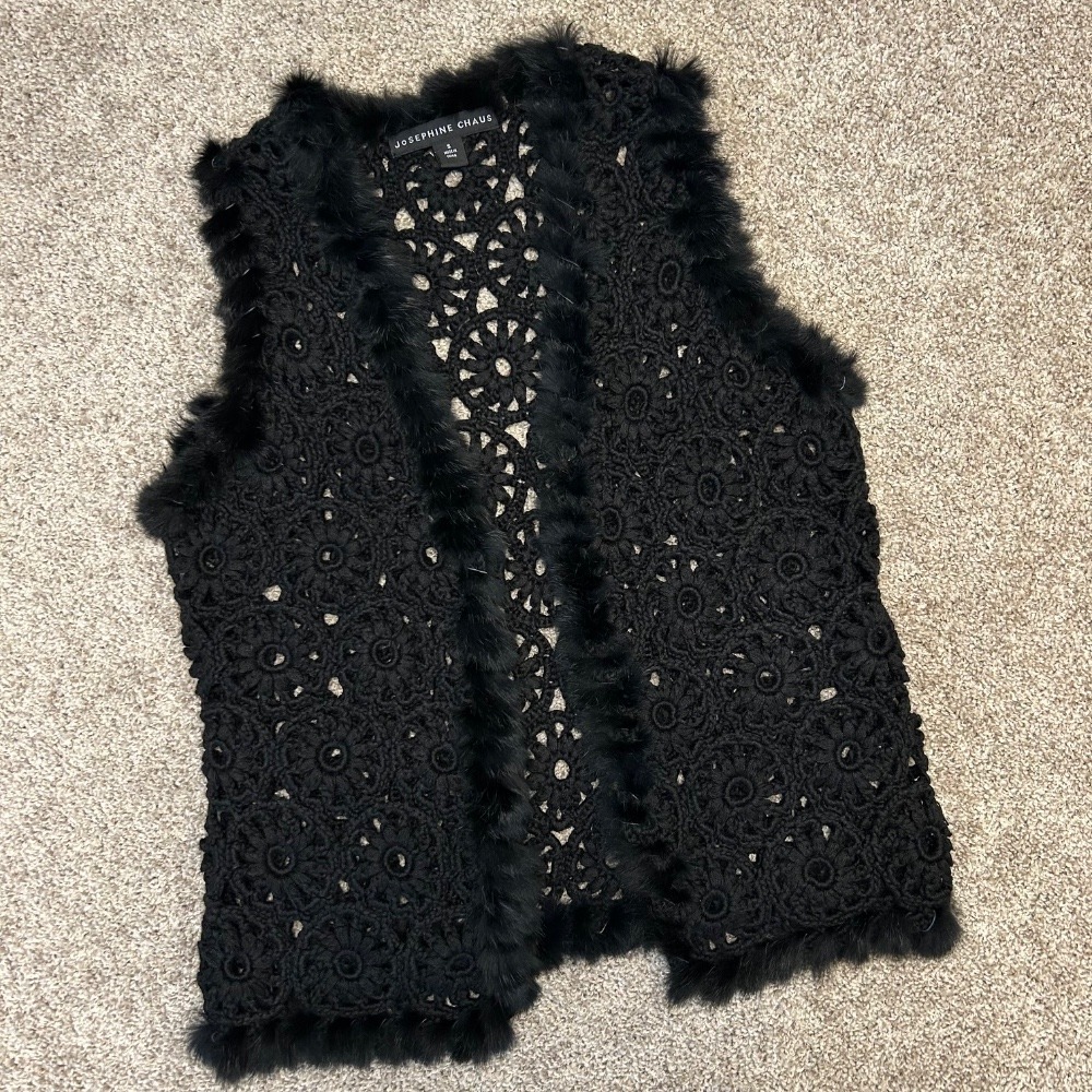 Josephine Chaus Women Crochet Open Cardigan‎ Wool Blend Rabbit Fur Trim Small